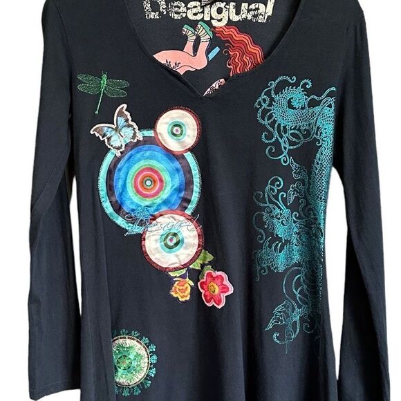 Desigual Rare Y2K Embroidered Fairy 90s Floral Dragon Top - Picture 3 of 6